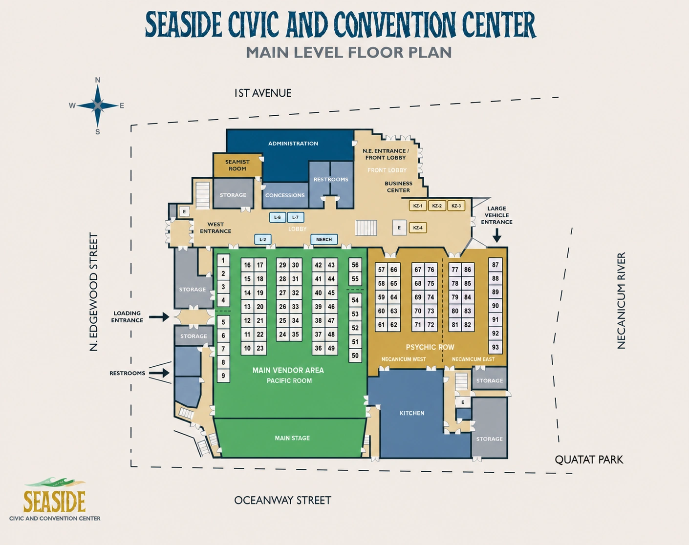 Oregon Ghost Conference 2027 main level hall layout at the Seaside Civic & Convention Center, showing numbered vendor booths 1 to 93, Psychic Row across Necanicum West and East, the main stage in the Pacific Room, and all entrances