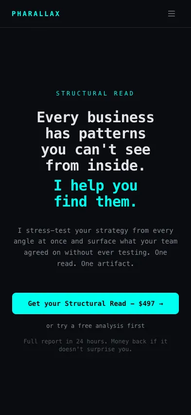 The same Pharallax site shown on a phone